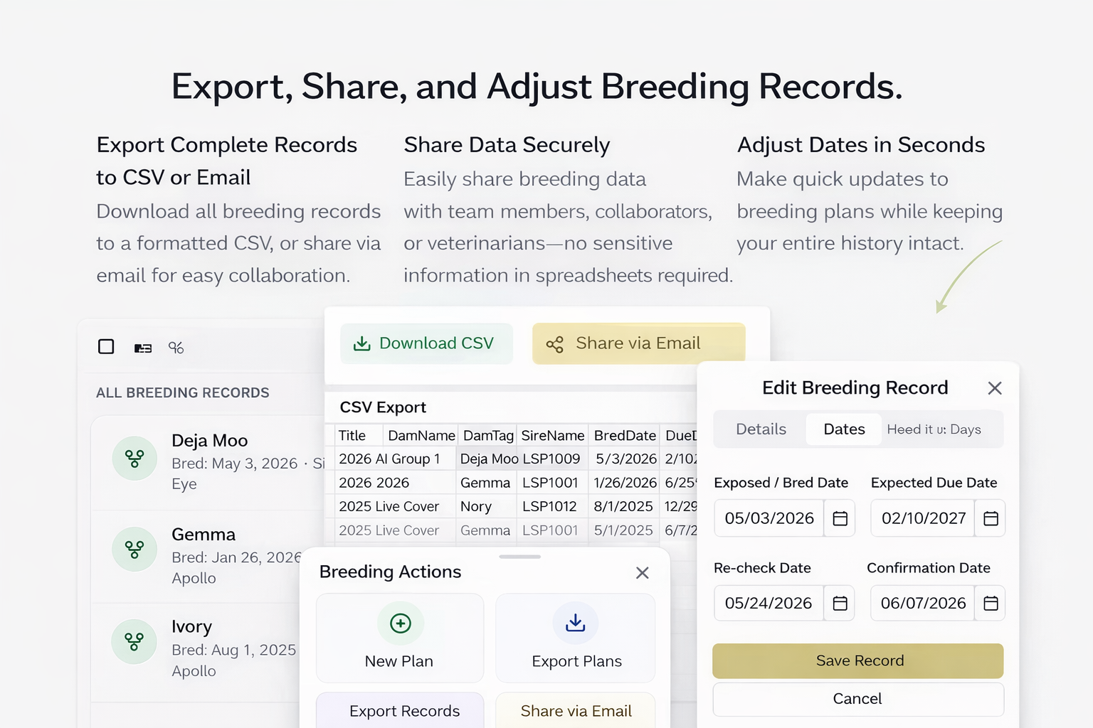Share and export breeding records with your vet or technician in Livestock Pulse